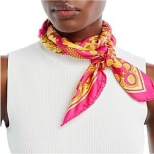 Versace Barocco Print Silk Scarf Foulard, Pink/Gold , New, Size 36”x35"